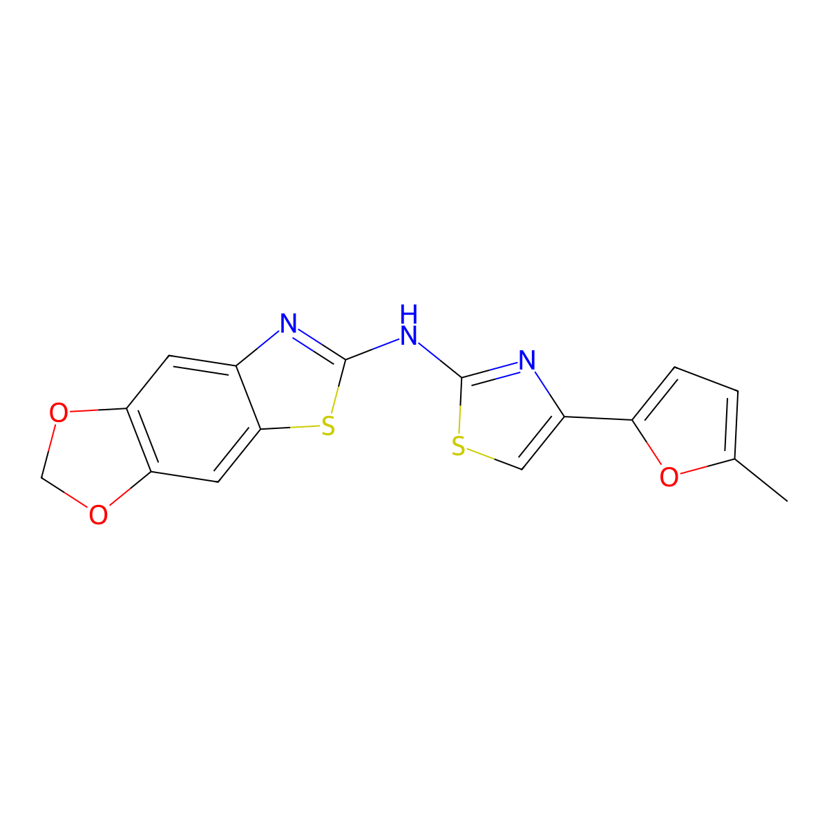 N-[4-(5-methylfuran-2-yl)-1,3-thiazol-2-yl]-[1,3]dioxolo[4,5-f][1,3]benzothiazol-6-amine molecular structure, CAS 862976-77-0
