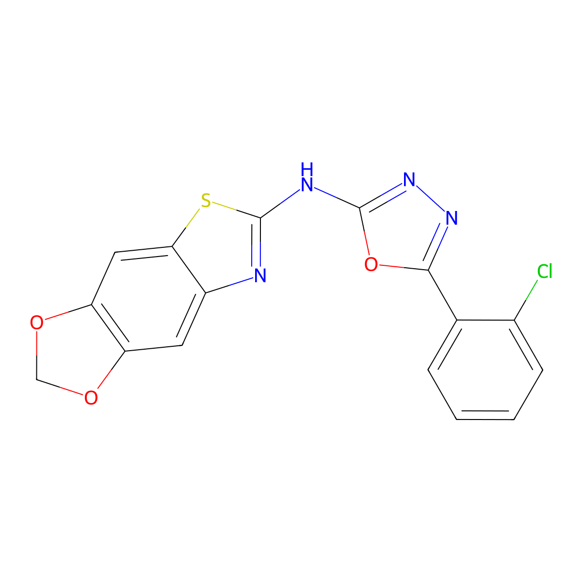 N-[5-(2-chlorophenyl)-1,3,4-oxadiazol-2-yl]-[1,3]dioxolo[4,5-f][1,3]benzothiazol-6-amine molecular structure, CAS 862976-87-2