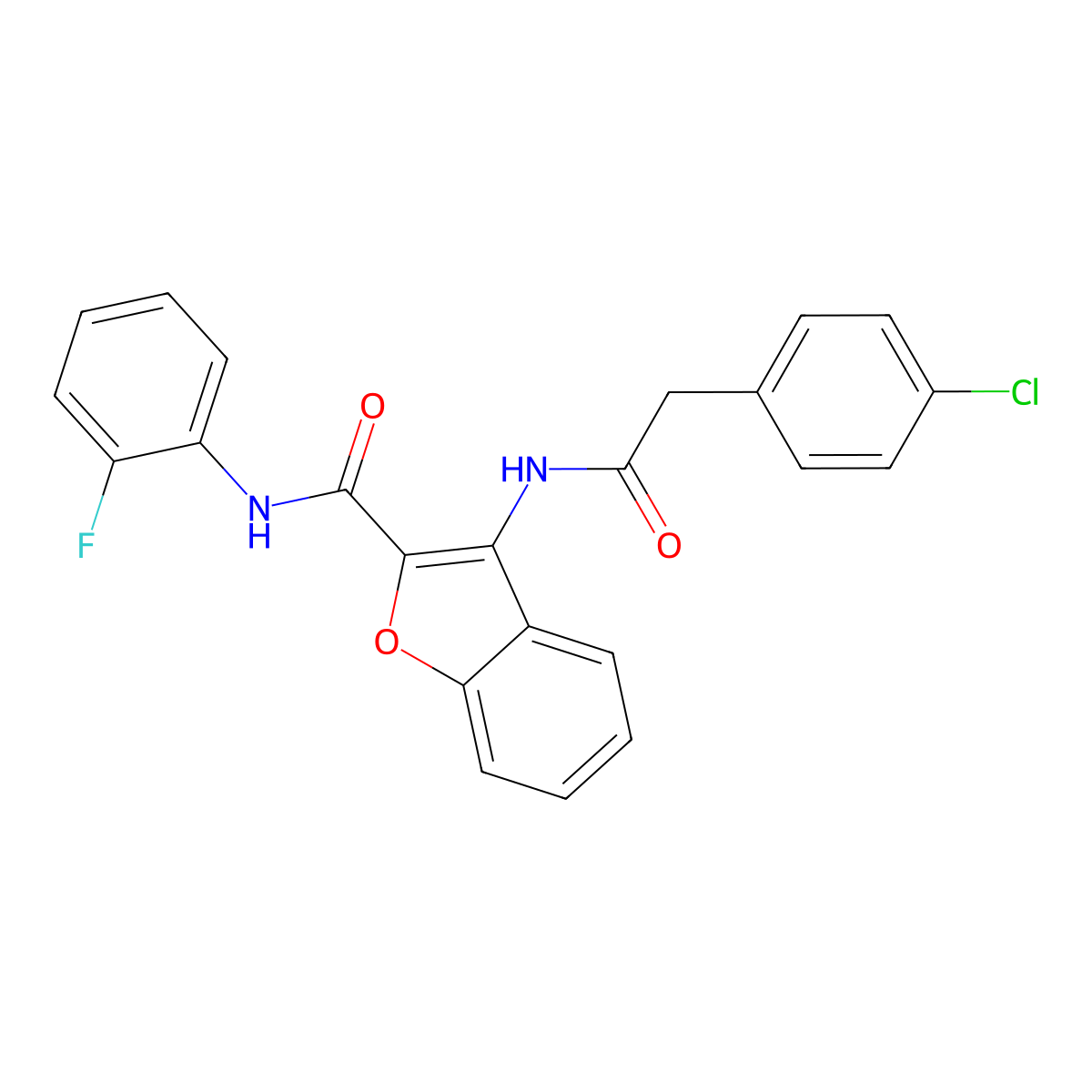 3-(2-(4-chlorophenyl)acetamido)-N-(2-fluorophenyl)benzofuran-2-carboxamide molecular structure, CAS 862977-63-7