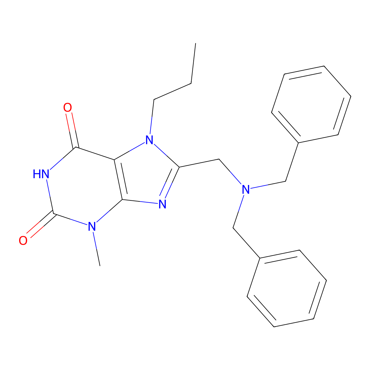8-{[Bisbenzylamino]methyl}-3-methyl-7-propyl-1,3,7-trihydropurine-2,6-dione molecular structure, CAS 862979-30-4