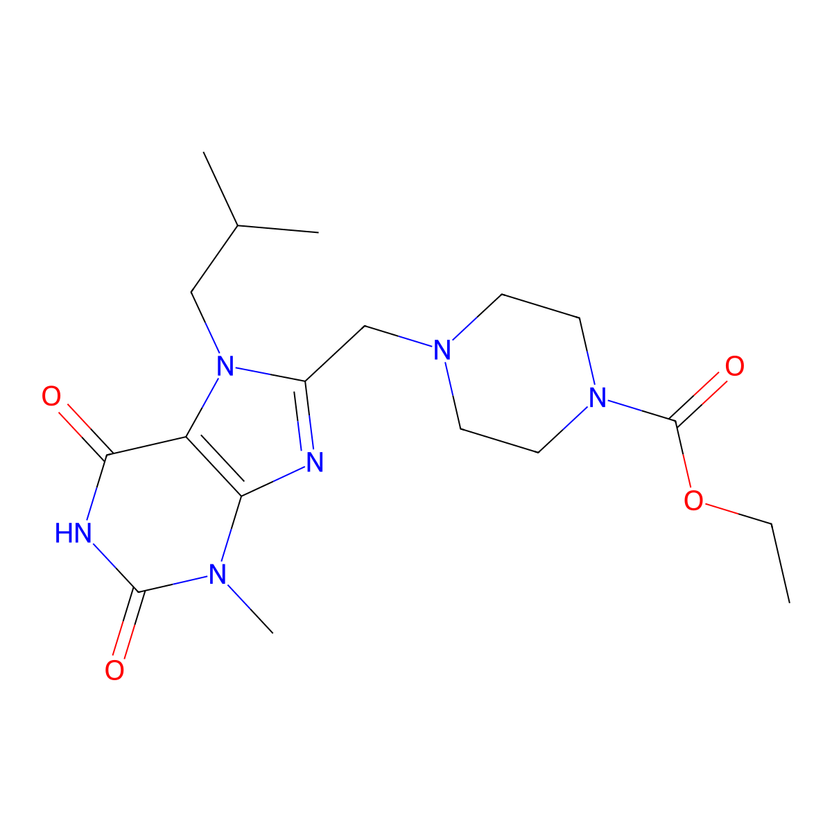 Ethyl 4-[[3-methyl-7-(2-methylpropyl)-2,6-dioxopurin-8-yl]methyl]piperazine-1-carboxylate molecular structure, CAS 862979-40-6