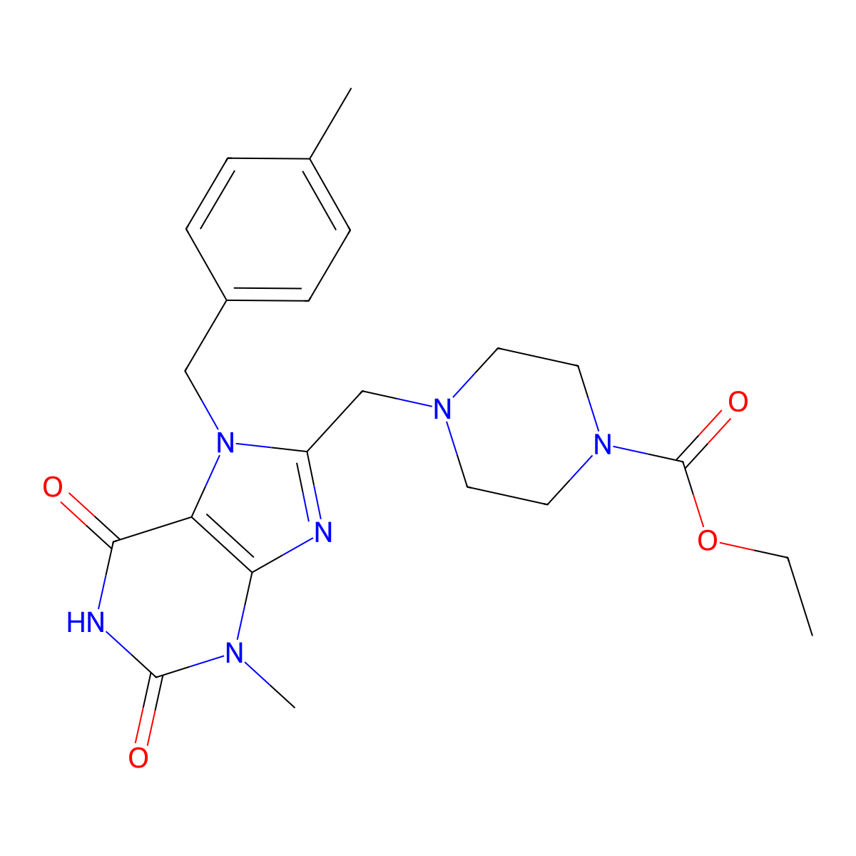 ethyl 4-({3-methyl-7-[(4-methylphenyl)methyl]-2,6-dioxo-2,3,6,7-tetrahydro-1H-purin-8-yl}methyl)piperazine-1-carboxylate molecular structure, CAS 862979-46-2