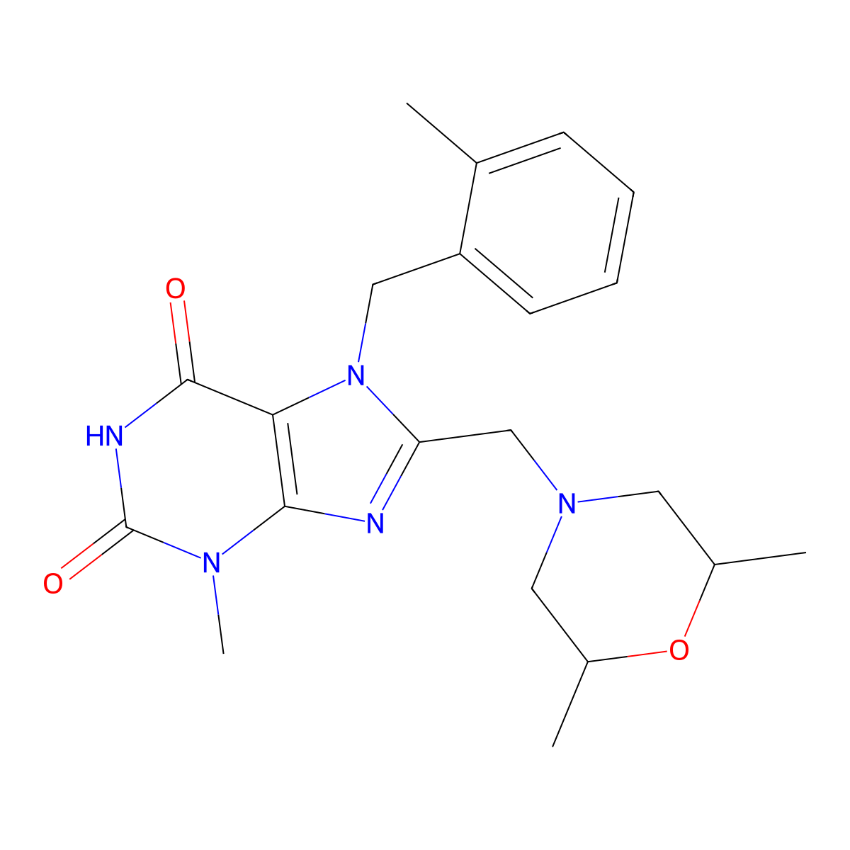 8-((2,6-dimethylmorpholino)methyl)-3-methyl-7-(2-methylbenzyl)-3,7-dihydro-1H-purine-2,6-dione molecular structure, CAS 862979-51-9