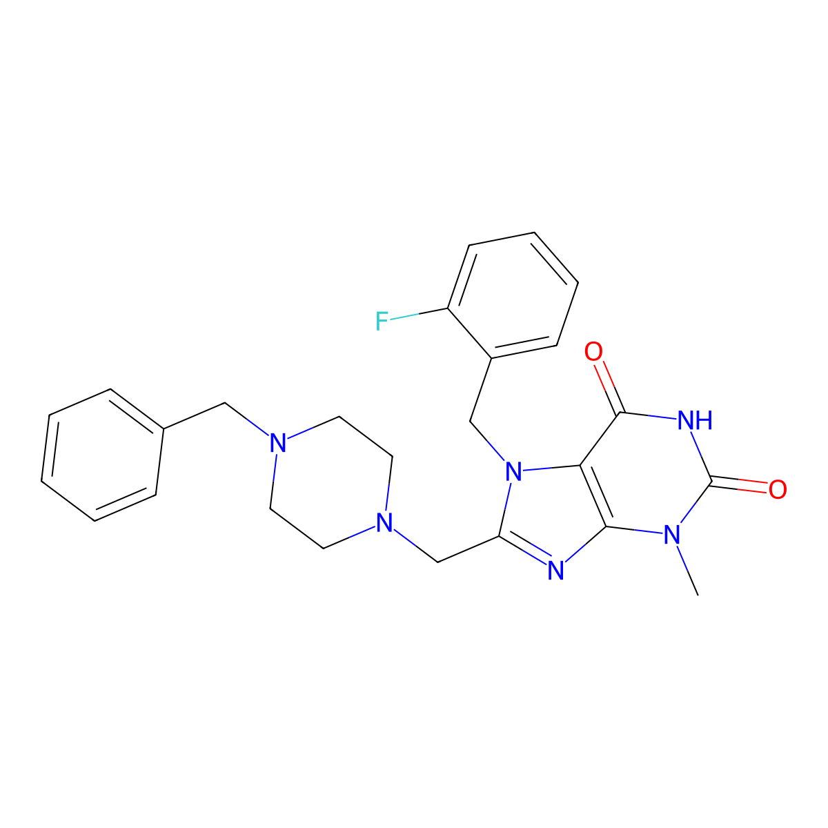 8-((4-benzylpiperazin-1-yl)methyl)-7-(2-fluorobenzyl)-3-methyl-1H-purine-2,6(3H,7H)-dione molecular structure, CAS 862979-63-3
