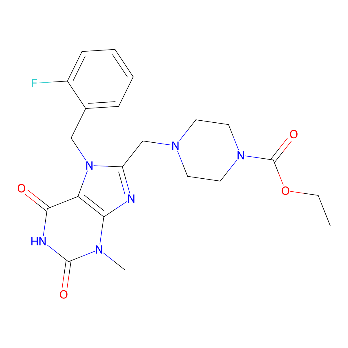 Ethyl 4-[[7-[(2-fluorophenyl)methyl]-3-methyl-2,6-dioxopurin-8-yl]methyl]piperazine-1-carboxylate molecular structure, CAS 862979-64-4