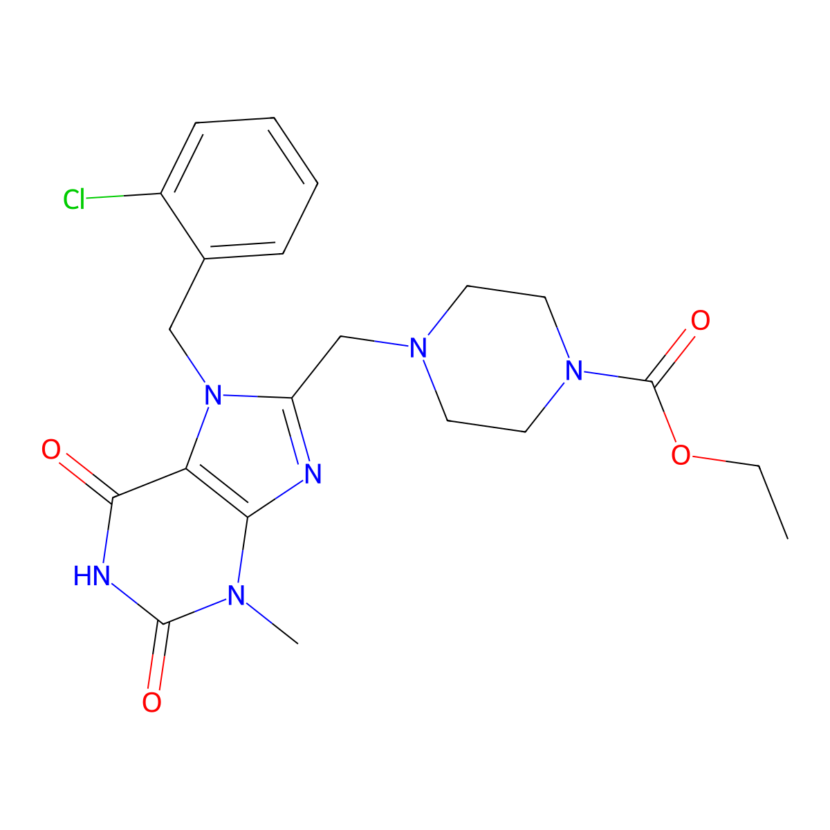 Ethyl 4-[[7-[(2-chlorophenyl)methyl]-3-methyl-2,6-dioxopurin-8-yl]methyl]piperazine-1-carboxylate molecular structure, CAS 862979-66-6