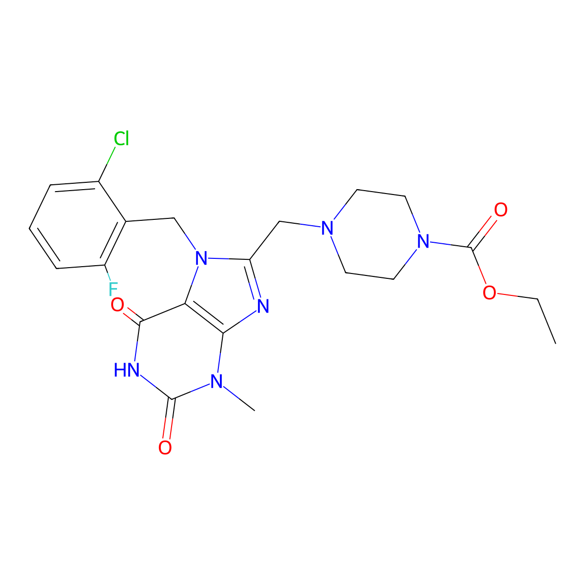 Ethyl 4-[[7-[(2-chloro-6-fluorophenyl)methyl]-3-methyl-2,6-dioxopurin-8-yl]methyl]piperazine-1-carboxylate molecular structure, CAS 862979-70-2