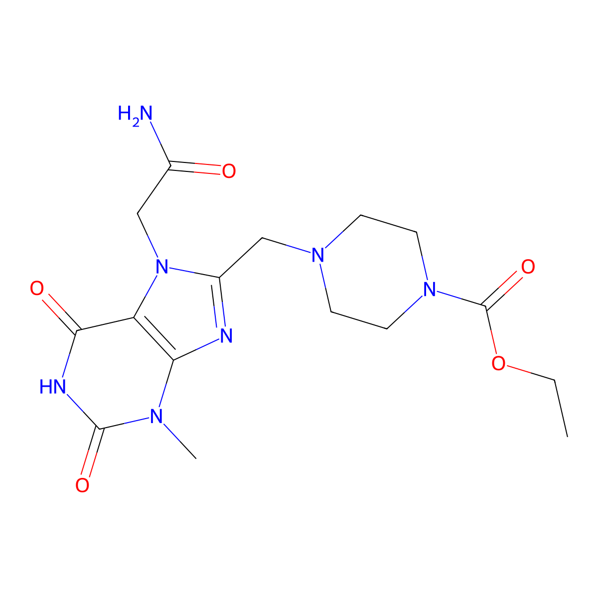 ethyl 4-{[7-(carbamoylmethyl)-3-methyl-2,6-dioxo-2,3,6,7-tetrahydro-1H-purin-8-yl]methyl}piperazine-1-carboxylate molecular structure, CAS 862979-84-8