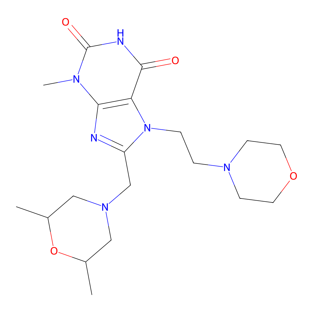 8-[(2,6-dimethylmorpholin-4-yl)methyl]-3-methyl-7-(2-morpholin-4-ylethyl)-3,7-dihydro-1H-purine-2,6-dione molecular structure, CAS 862980-00-5