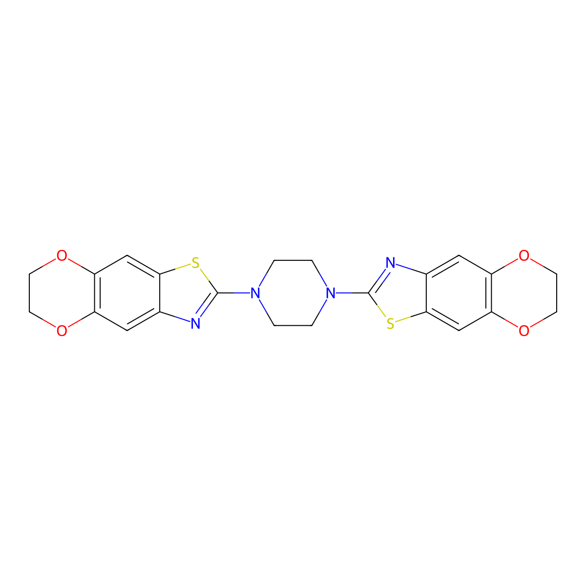 1,4-Bis(6,7-dihydro-[1,4]dioxino[2',3':4,5]benzo[1,2-d]thiazol-2-yl)piperazine molecular structure, CAS 863001-69-8