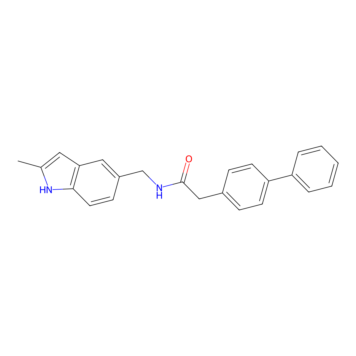 2-([1,1'-biphenyl]-4-yl)-N-((2-methyl-1H-indol-5-yl)methyl)acetamide molecular structure, CAS 863001-92-7