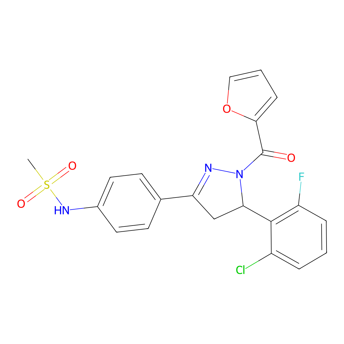 N-(4-(5-(2-chloro-6-fluorophenyl)-1-(furan-2-carbonyl)-4,5-dihydro-1H-pyrazol-3-yl)phenyl)methanesulfonamide molecular structure, CAS 863001-98-3