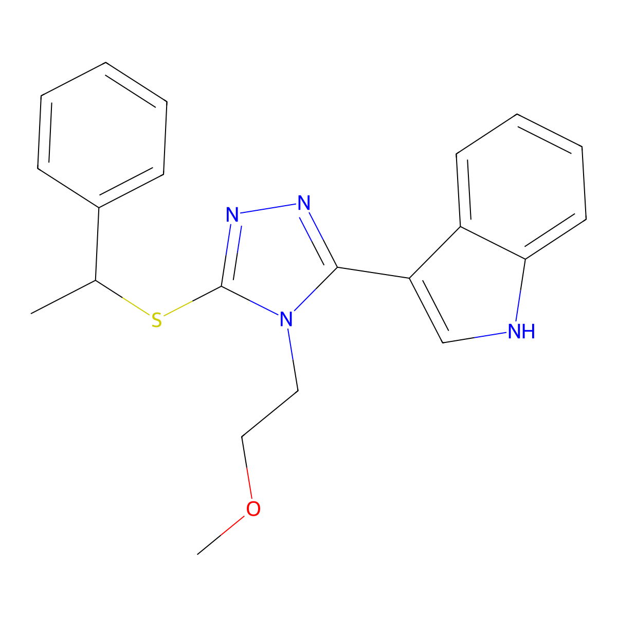 3-(4-(2-methoxyethyl)-5-((1-phenylethyl)thio)-4H-1,2,4-triazol-3-yl)-1H-indole molecular structure, CAS 863002-20-4