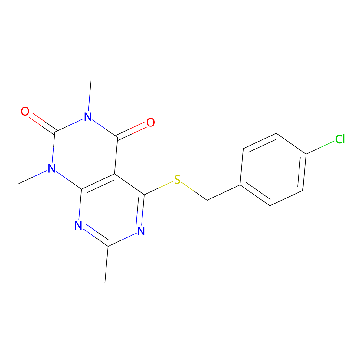 5-[(4-Chlorophenyl)methylsulfanyl]-1,3,7-trimethylpyrimido[4,5-d]pyrimidine-2,4-dione molecular structure, CAS 863002-31-7