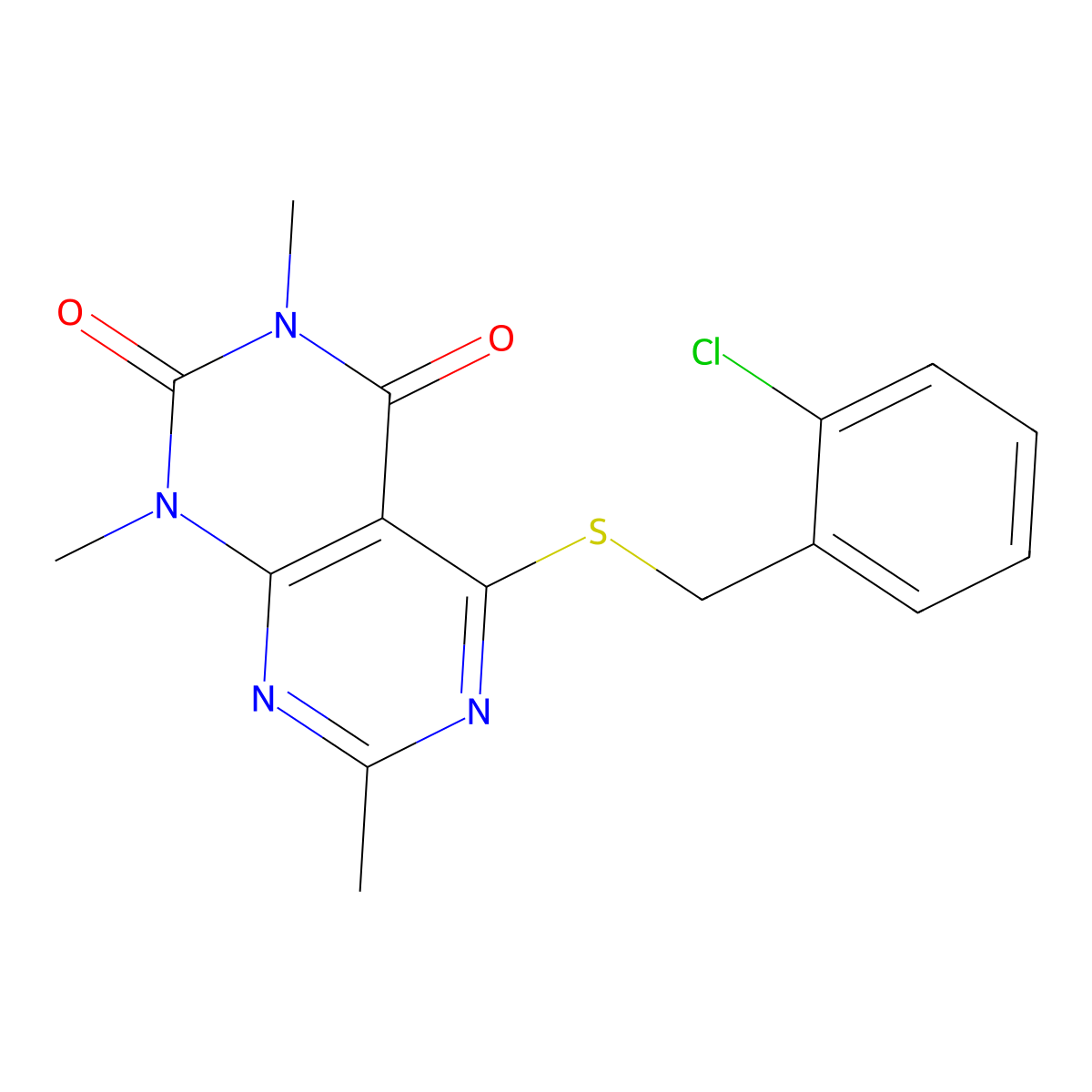 5-[(2-Chlorophenyl)methylsulfanyl]-1,3,7-trimethylpyrimido[4,5-d]pyrimidine-2,4-dione molecular structure, CAS 863002-32-8