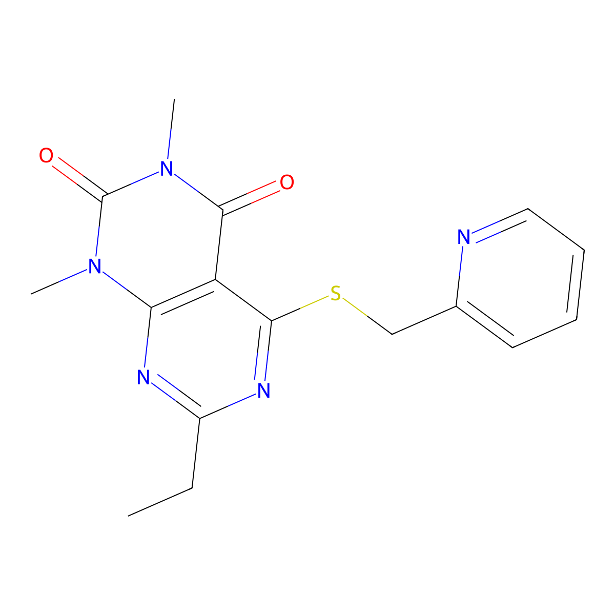7-ethyl-1,3-dimethyl-5-((pyridin-2-ylmethyl)thio)pyrimido[4,5-d]pyrimidine-2,4(1H,3H)-dione molecular structure, CAS 863002-39-5