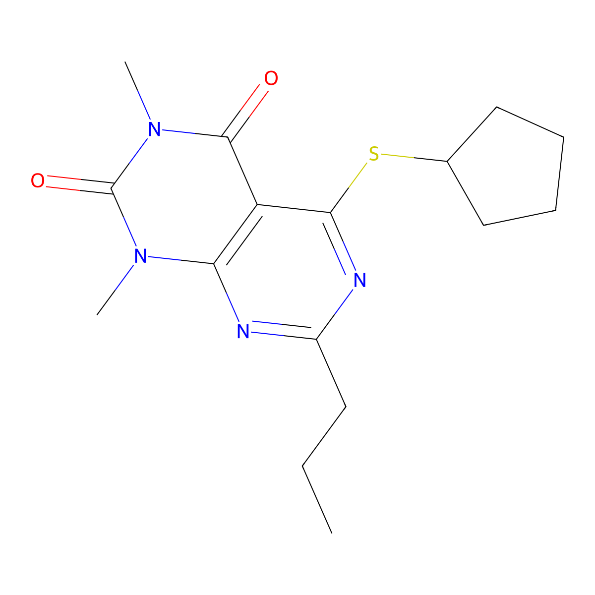 5-(cyclopentylthio)-1,3-dimethyl-7-propylpyrimido[4,5-d]pyrimidine-2,4(1H,3H)-dione molecular structure, CAS 863002-41-9