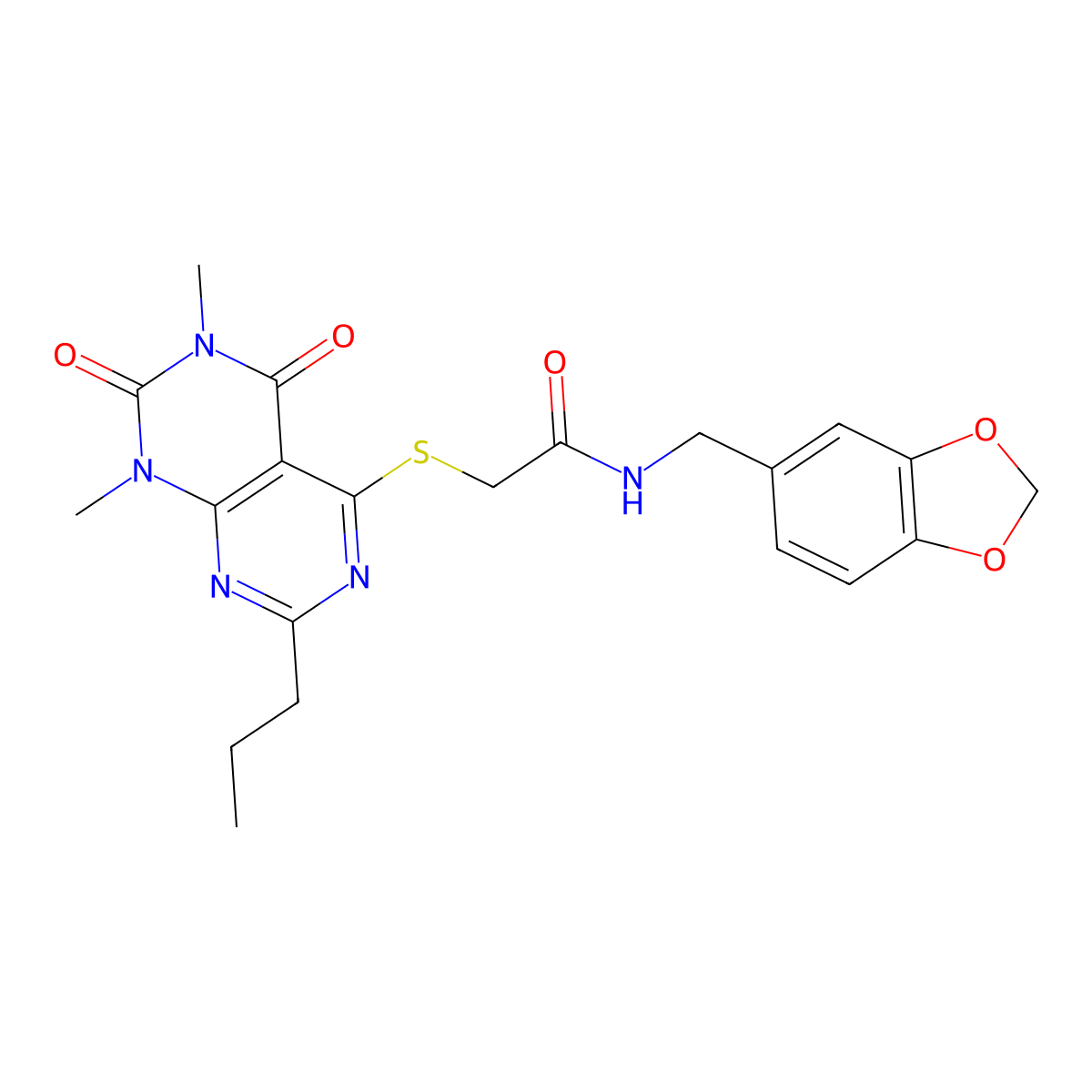 N-(benzo[d][1,3]dioxol-5-ylmethyl)-2-((6,8-dimethyl-5,7-dioxo-2-propyl-5,6,7,8-tetrahydropyrimido[4,5-d]pyrimidin-4-yl)thio)acetamide molecular structure, CAS 863002-46-4