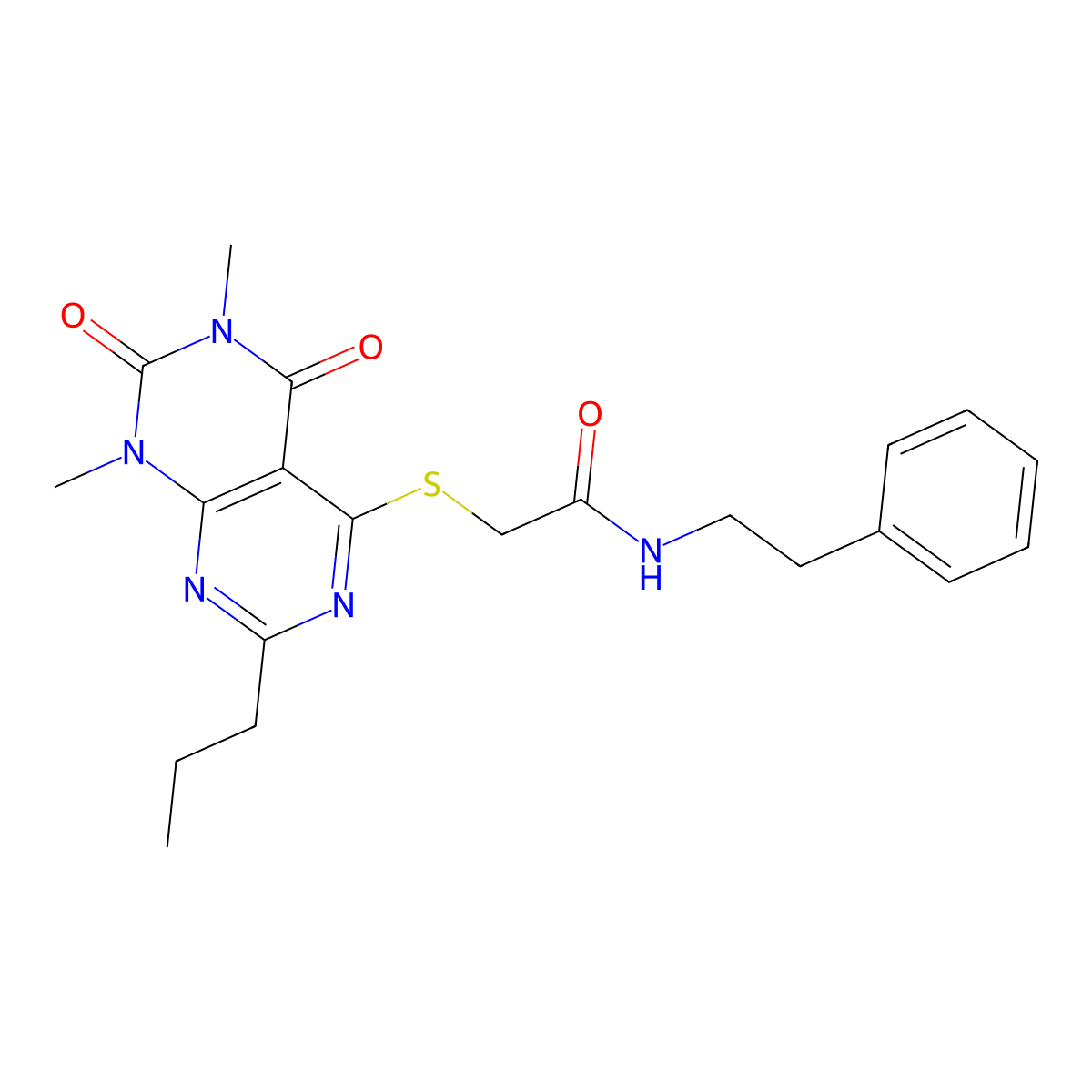 2-((6,8-dimethyl-5,7-dioxo-2-propyl-5,6,7,8-tetrahydropyrimido[4,5-d]pyrimidin-4-yl)thio)-N-phenethylacetamide molecular structure, CAS 863002-48-6