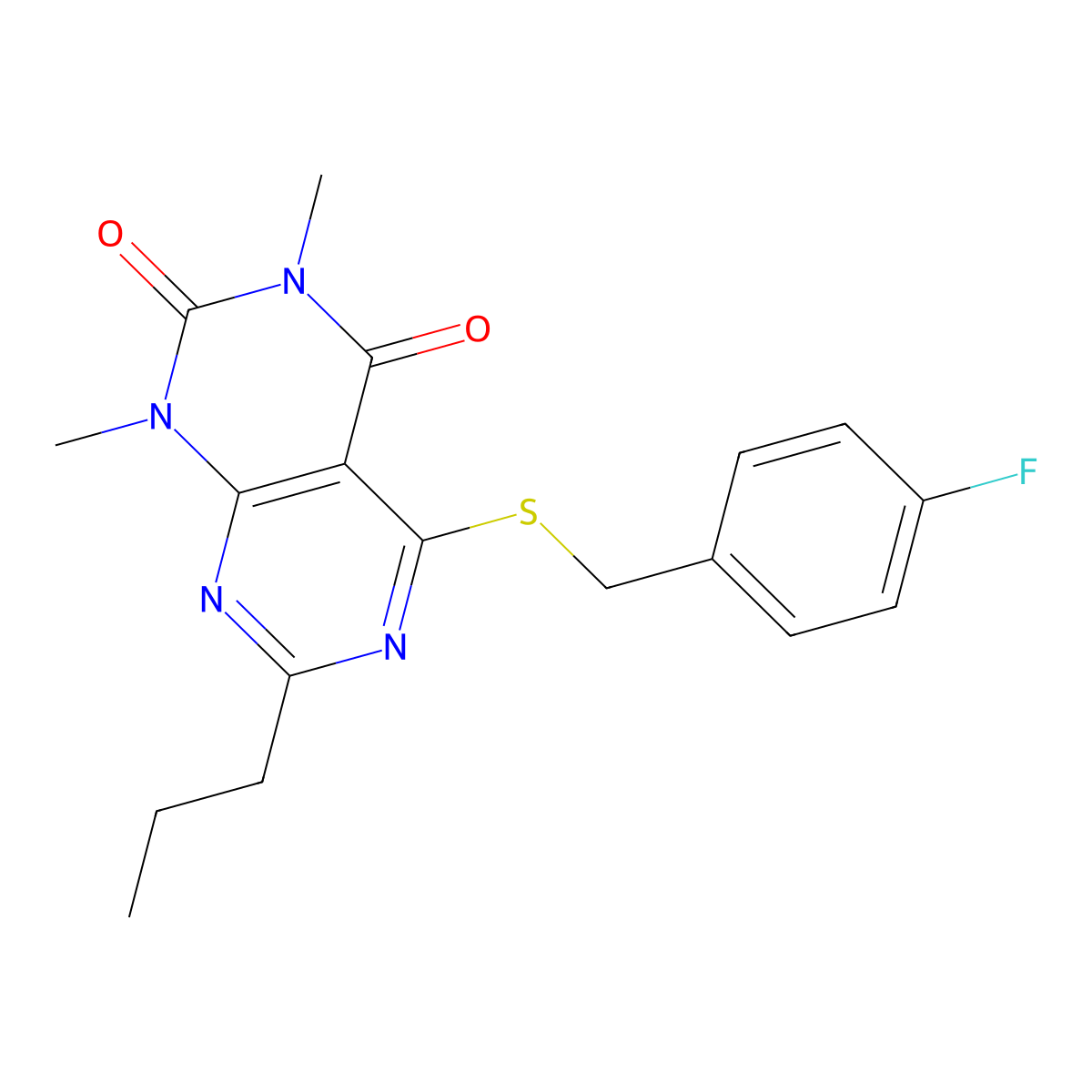 5-[(4-Fluorophenyl)methylsulfanyl]-1,3-dimethyl-7-propylpyrimido[4,5-d]pyrimidine-2,4-dione molecular structure, CAS 863002-51-1