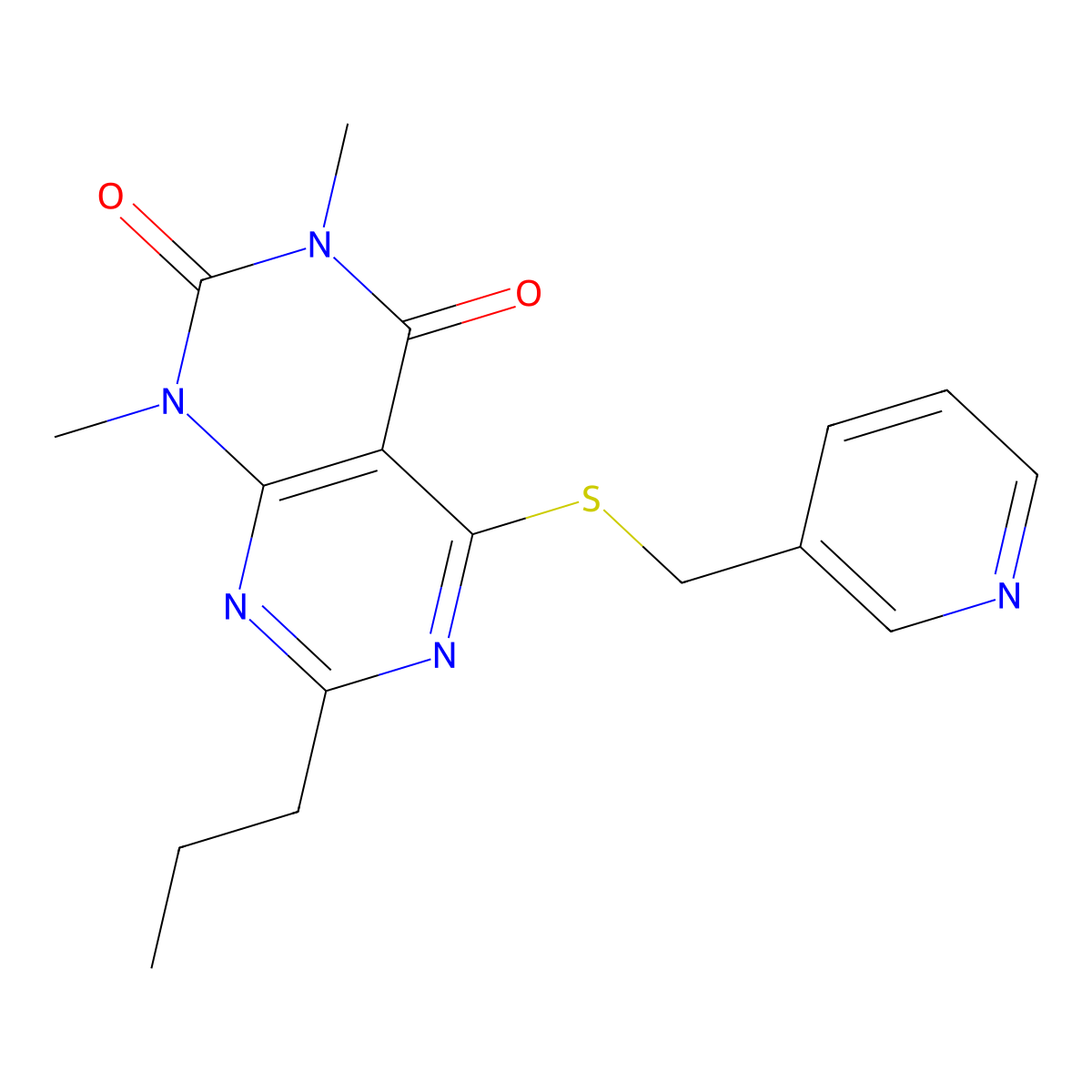 1,3-dimethyl-7-propyl-5-((pyridin-3-ylmethyl)thio)pyrimido[4,5-d]pyrimidine-2,4(1H,3H)-dione molecular structure, CAS 863002-52-2