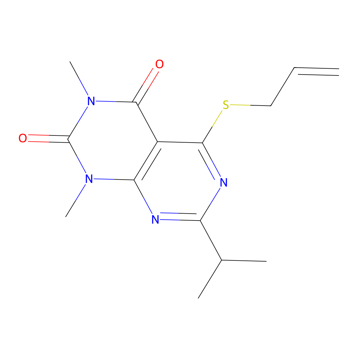 5-(allylthio)-7-isopropyl-1,3-dimethylpyrimido[4,5-d]pyrimidine-2,4(1H,3H)-dione molecular structure, CAS 863002-57-7