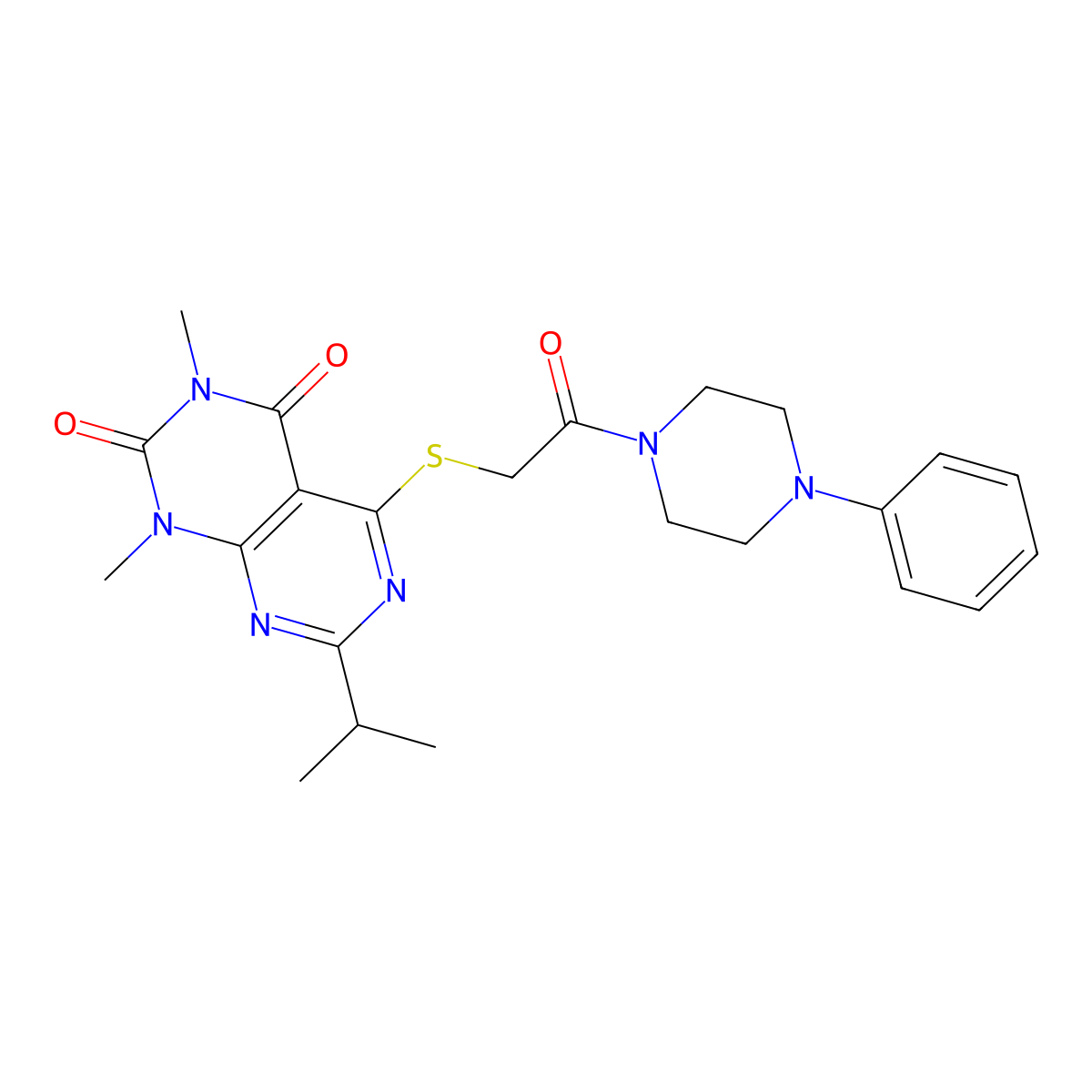 7-isopropyl-1,3-dimethyl-5-((2-oxo-2-(4-phenylpiperazin-1-yl)ethyl)thio)pyrimido[4,5-d]pyrimidine-2,4(1H,3H)-dione molecular structure, CAS 863002-59-9