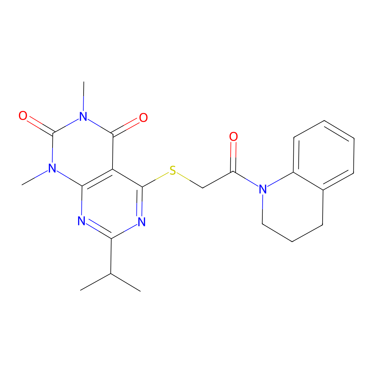 5-((2-(3,4-dihydroquinolin-1(2H)-yl)-2-oxoethyl)thio)-7-isopropyl-1,3-dimethylpyrimido[4,5-d]pyrimidine-2,4(1H,3H)-dione molecular structure, CAS 863002-60-2