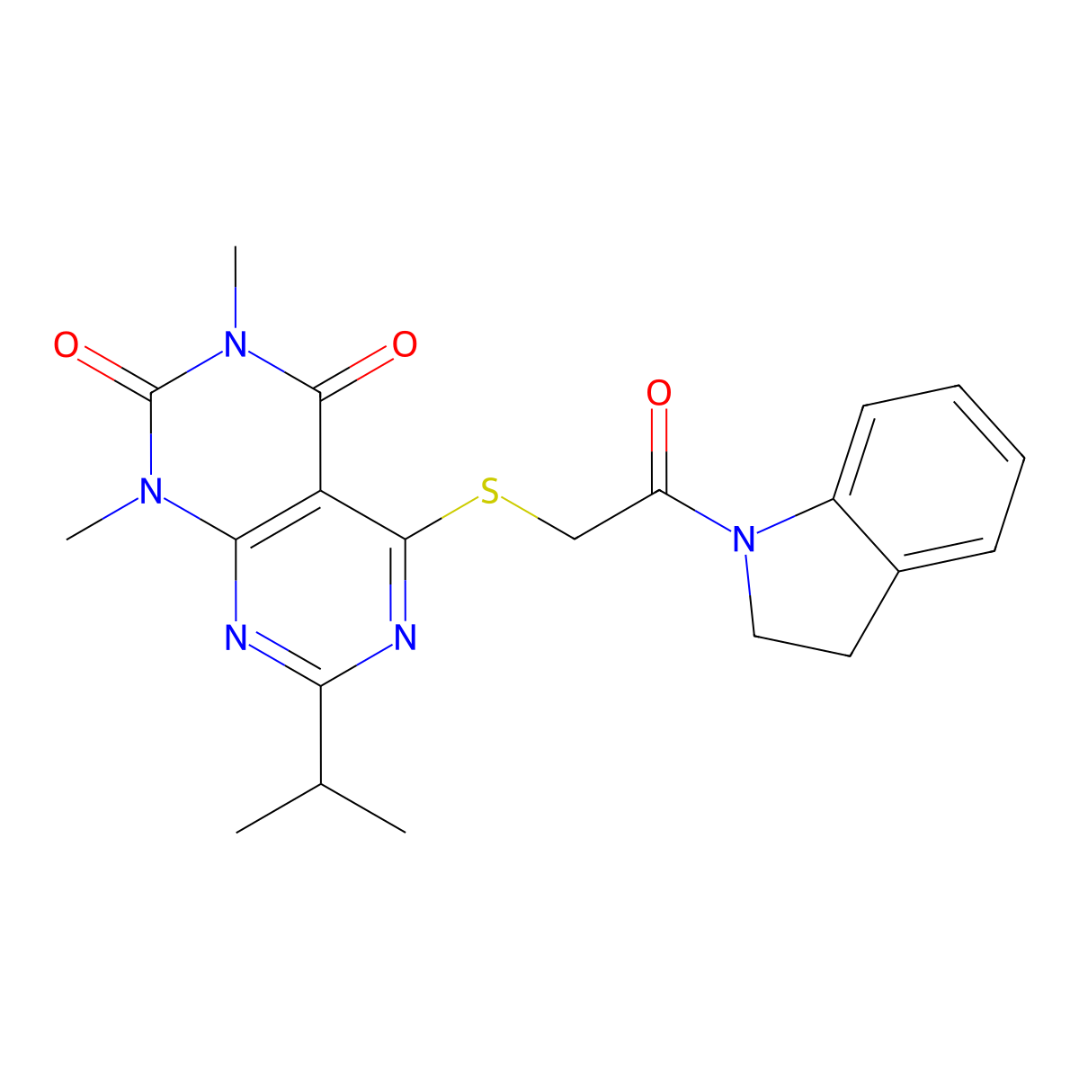 5-((2-(indolin-1-yl)-2-oxoethyl)thio)-7-isopropyl-1,3-dimethylpyrimido[4,5-d]pyrimidine-2,4(1H,3H)-dione molecular structure, CAS 863002-61-3