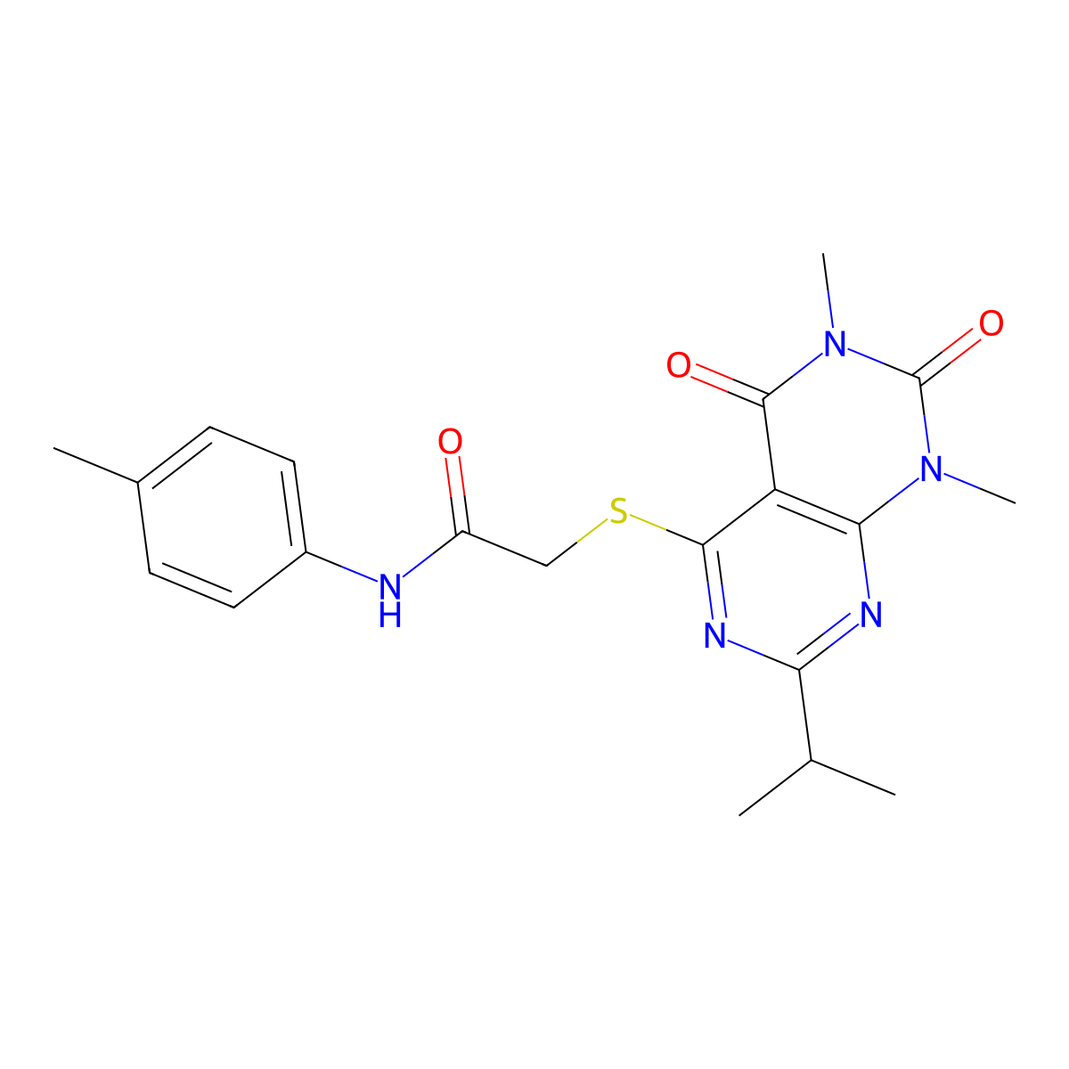2-((2-isopropyl-6,8-dimethyl-5,7-dioxo-5,6,7,8-tetrahydropyrimido[4,5-d]pyrimidin-4-yl)thio)-N-(p-tolyl)acetamide molecular structure, CAS 863002-64-6