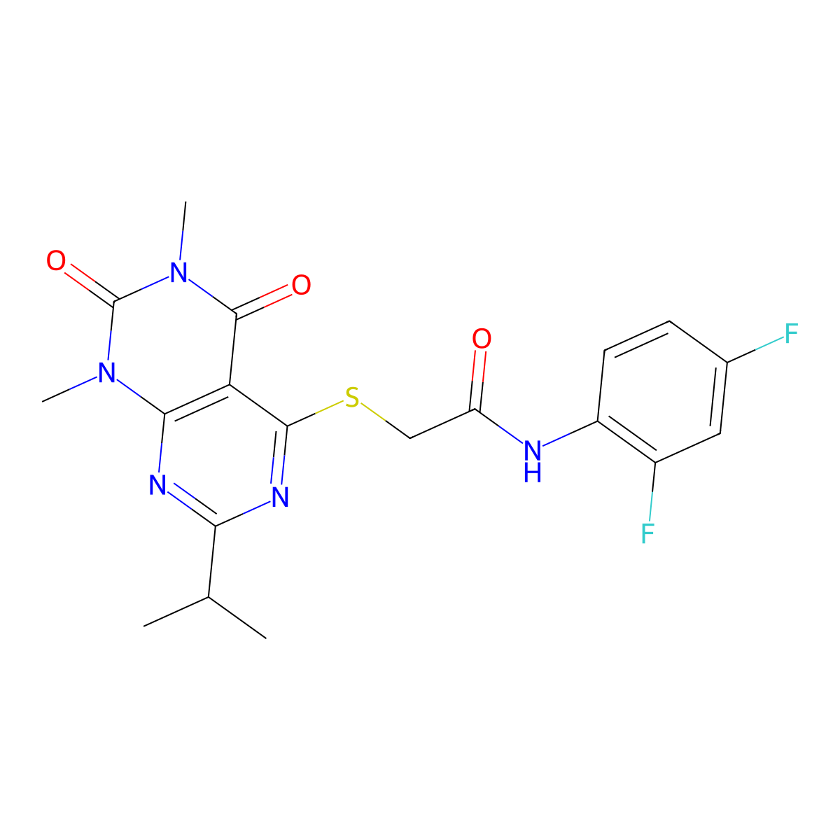 N-(2,4-difluorophenyl)-2-((2-isopropyl-6,8-dimethyl-5,7-dioxo-5,6,7,8-tetrahydropyrimido[4,5-d]pyrimidin-4-yl)thio)acetamide molecular structure, CAS 863002-67-9