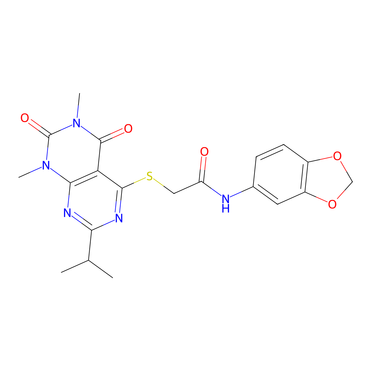 N-(benzo[d][1,3]dioxol-5-yl)-2-((2-isopropyl-6,8-dimethyl-5,7-dioxo-5,6,7,8-tetrahydropyrimido[4,5-d]pyrimidin-4-yl)thio)acetamide molecular structure, CAS 863002-68-0