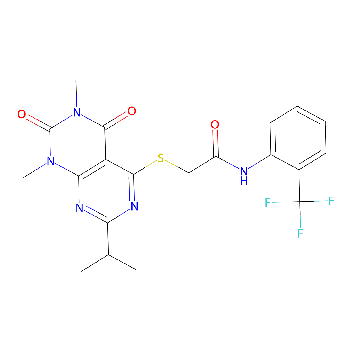 2-((2-isopropyl-6,8-dimethyl-5,7-dioxo-5,6,7,8-tetrahydropyrimido[4,5-d]pyrimidin-4-yl)thio)-N-(2-(trifluoromethyl)phenyl)acetamide molecular structure, CAS 863002-70-4