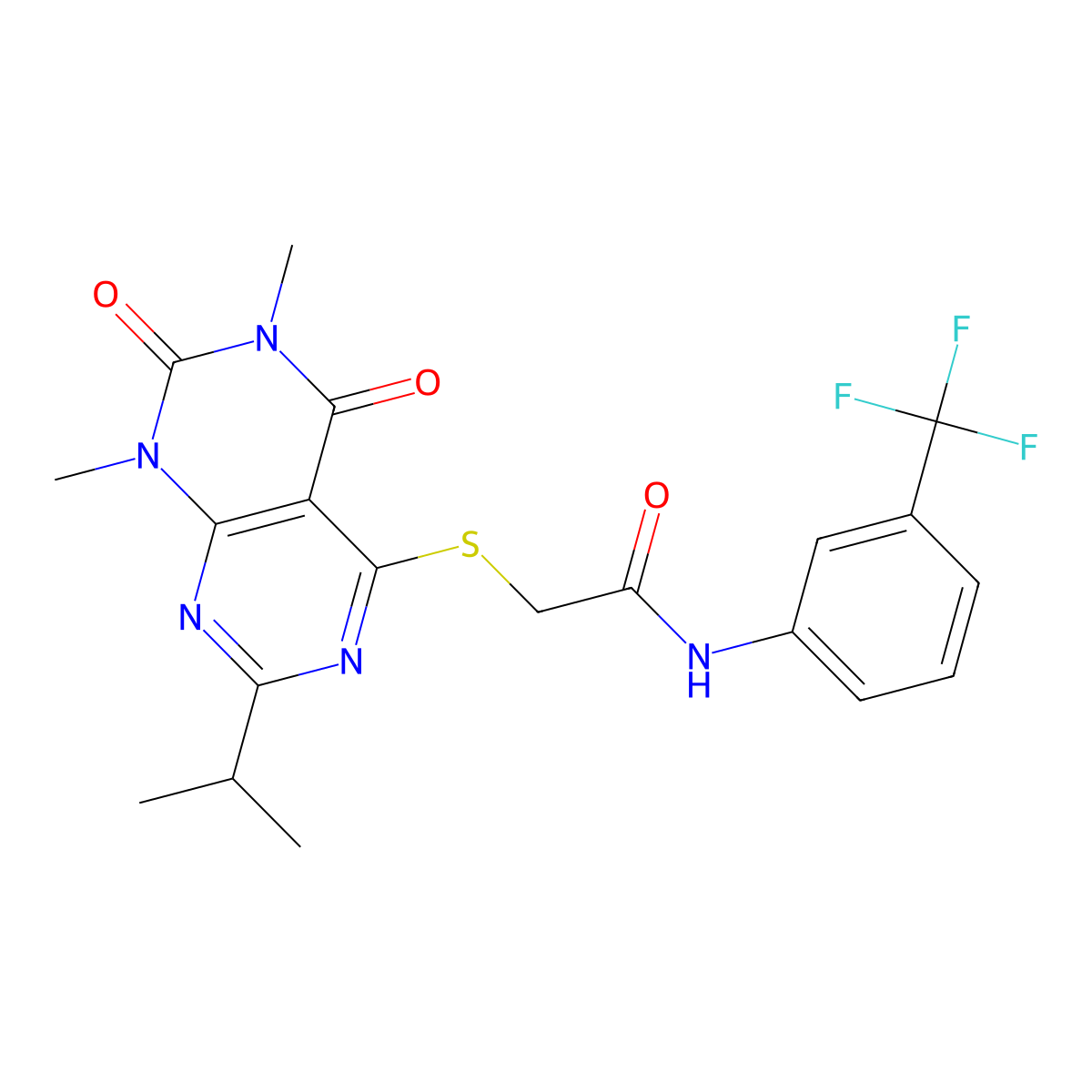 2-((2-isopropyl-6,8-dimethyl-5,7-dioxo-5,6,7,8-tetrahydropyrimido[4,5-d]pyrimidin-4-yl)thio)-N-(3-(trifluoromethyl)phenyl)acetamide molecular structure, CAS 863002-71-5
