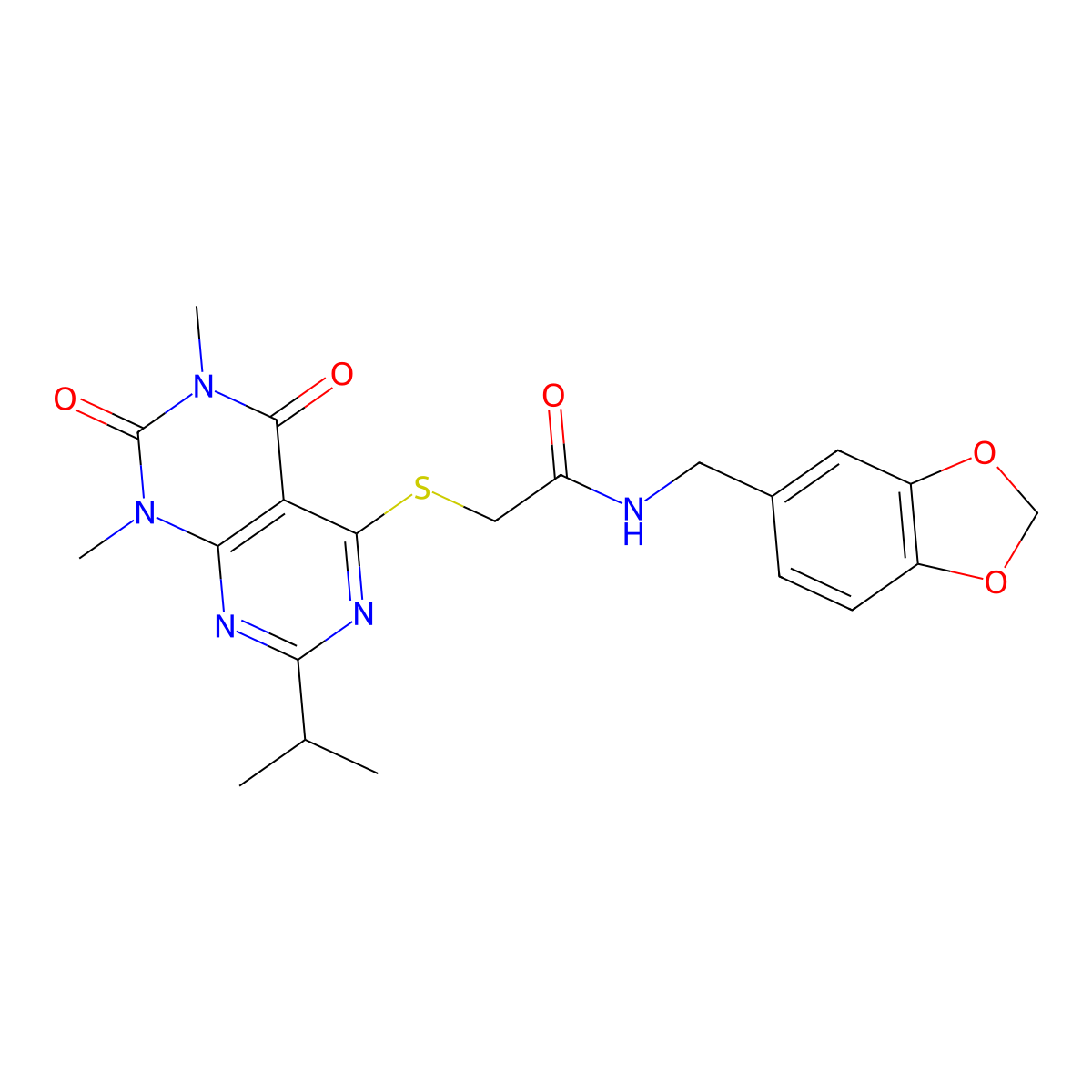 N-(benzo[d][1,3]dioxol-5-ylmethyl)-2-((2-isopropyl-6,8-dimethyl-5,7-dioxo-5,6,7,8-tetrahydropyrimido[4,5-d]pyrimidin-4-yl)thio)acetamide molecular structure, CAS 863002-73-7