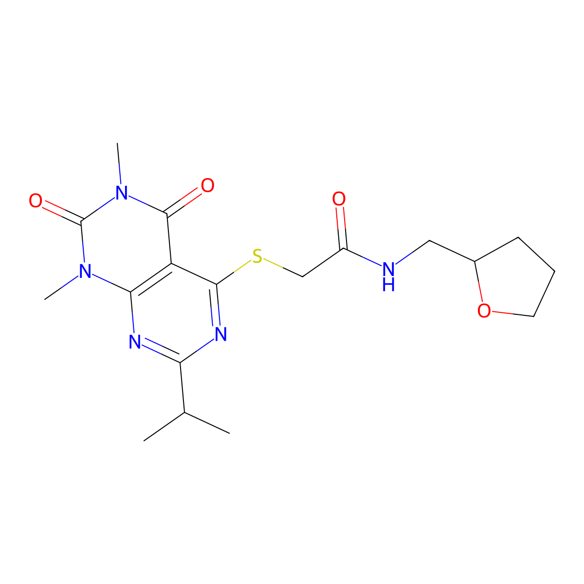 2-{[6,8-dimethyl-5,7-dioxo-2-(propan-2-yl)-5H,6H,7H,8H-[1,3]diazino[4,5-d]pyrimidin-4-yl]sulfanyl}-N-[(oxolan-2-yl)methyl]acetamide molecular structure, CAS 863002-74-8