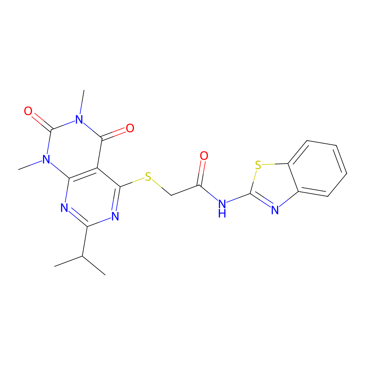 N-(benzo[d]thiazol-2-yl)-2-((2-isopropyl-6,8-dimethyl-5,7-dioxo-5,6,7,8-tetrahydropyrimido[4,5-d]pyrimidin-4-yl)thio)acetamide molecular structure, CAS 863002-76-0