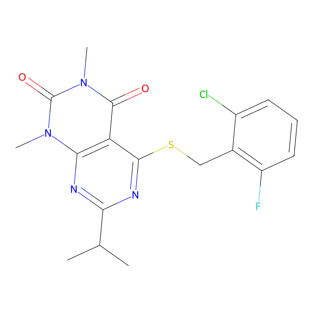 5-[(2-Chloro-6-fluorophenyl)methylsulfanyl]-1,3-dimethyl-7-propan-2-ylpyrimido[4,5-d]pyrimidine-2,4-dione molecular structure, CAS 863002-80-6