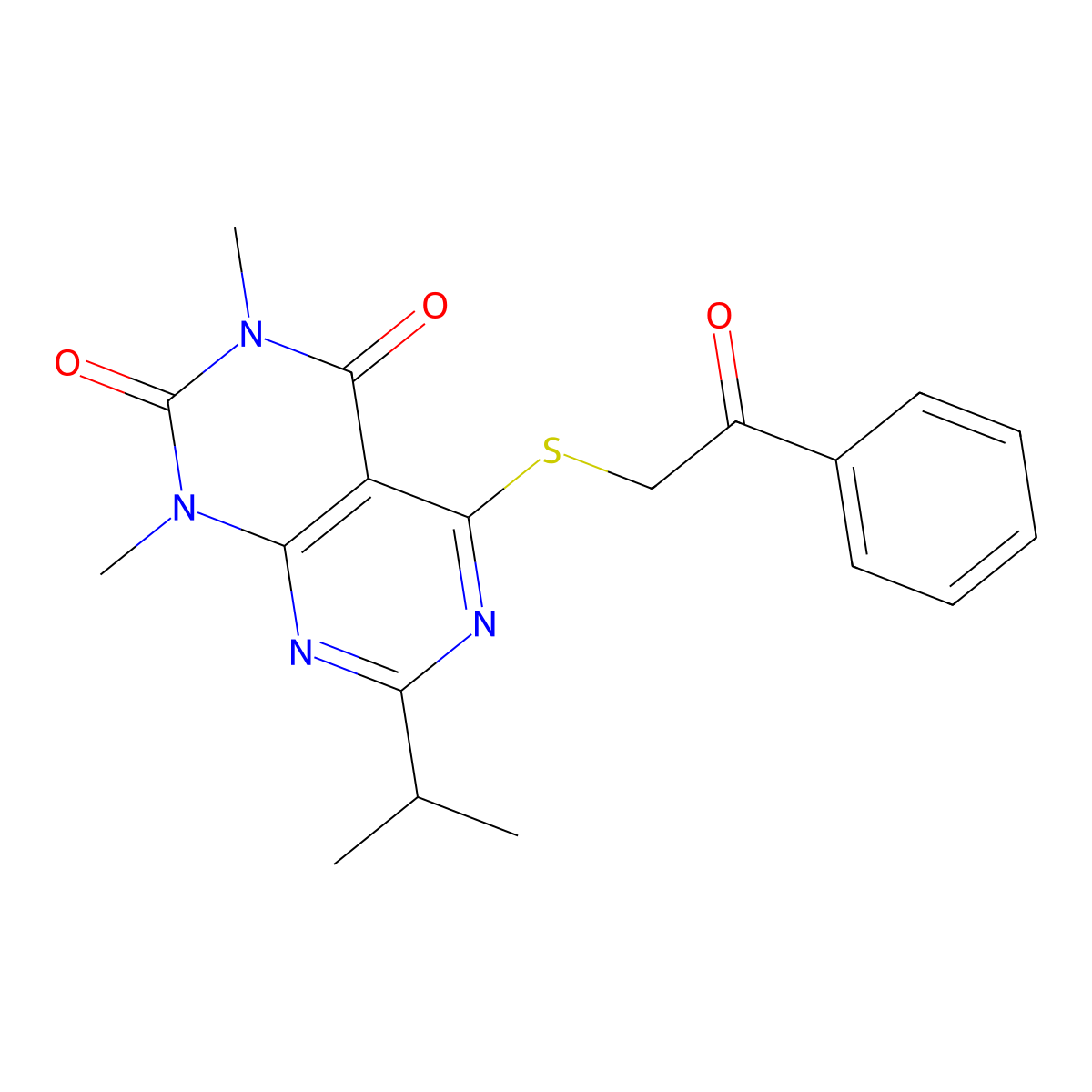 7-isopropyl-1,3-dimethyl-5-((2-oxo-2-phenylethyl)thio)pyrimido[4,5-d]pyrimidine-2,4(1H,3H)-dione molecular structure, CAS 863002-82-8