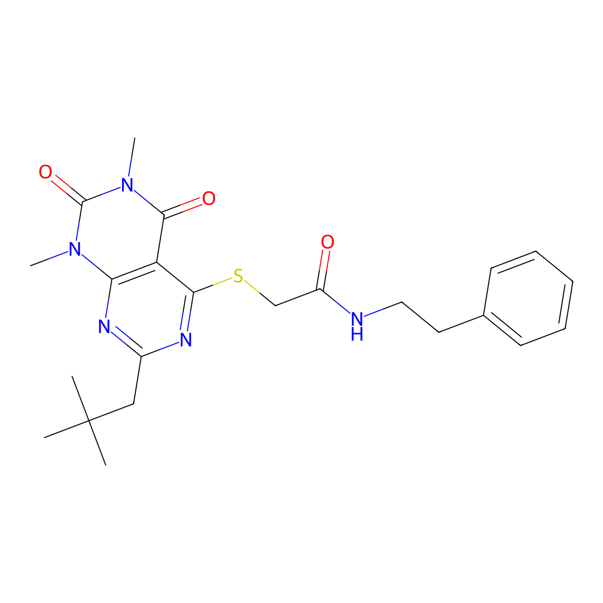 2-((6,8-dimethyl-2-neopentyl-5,7-dioxo-5,6,7,8-tetrahydropyrimido[4,5-d]pyrimidin-4-yl)thio)-N-phenethylacetamide molecular structure, CAS 863002-87-3