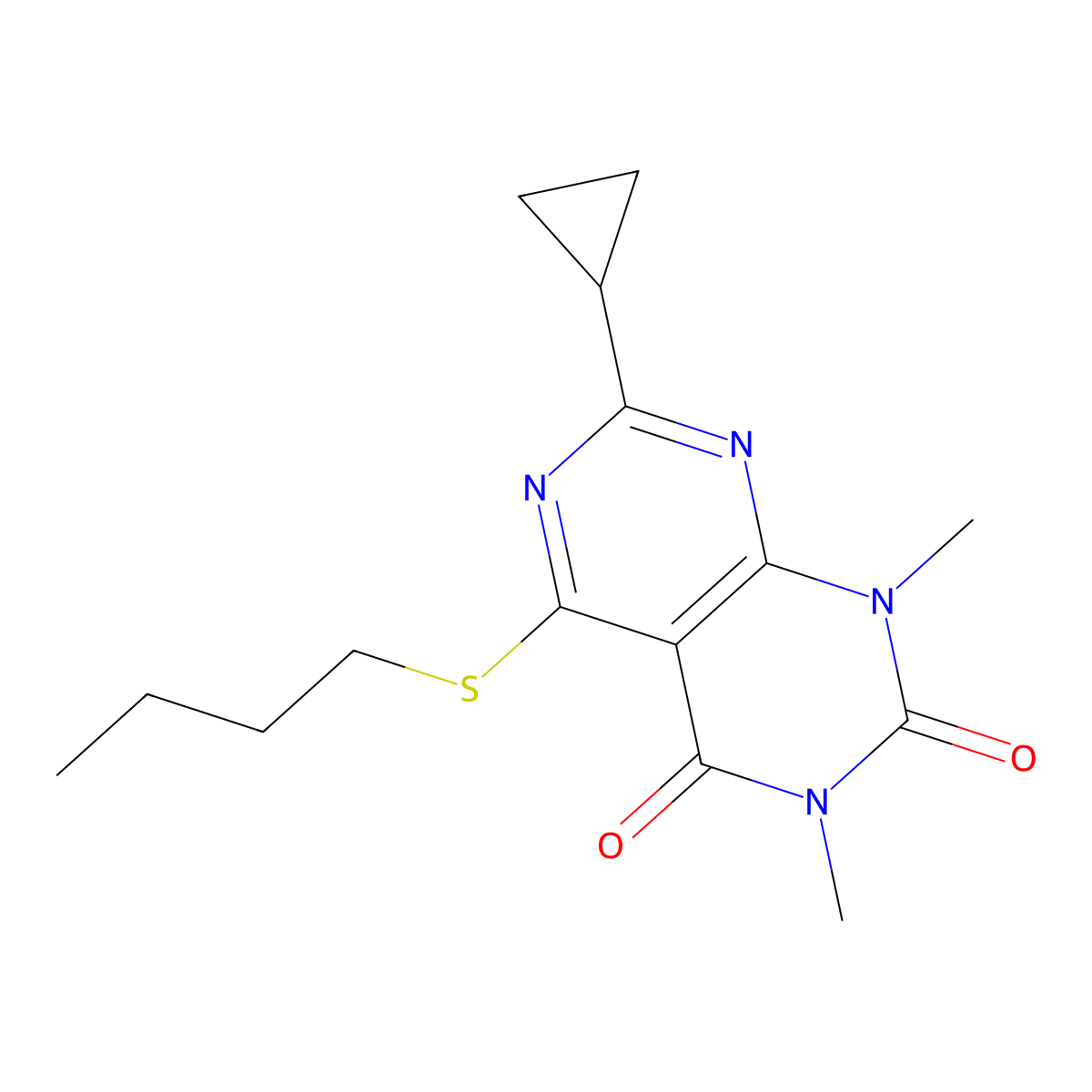 5-(butylthio)-7-cyclopropyl-1,3-dimethylpyrimido[4,5-d]pyrimidine-2,4(1H,3H)-dione molecular structure, CAS 863002-90-8