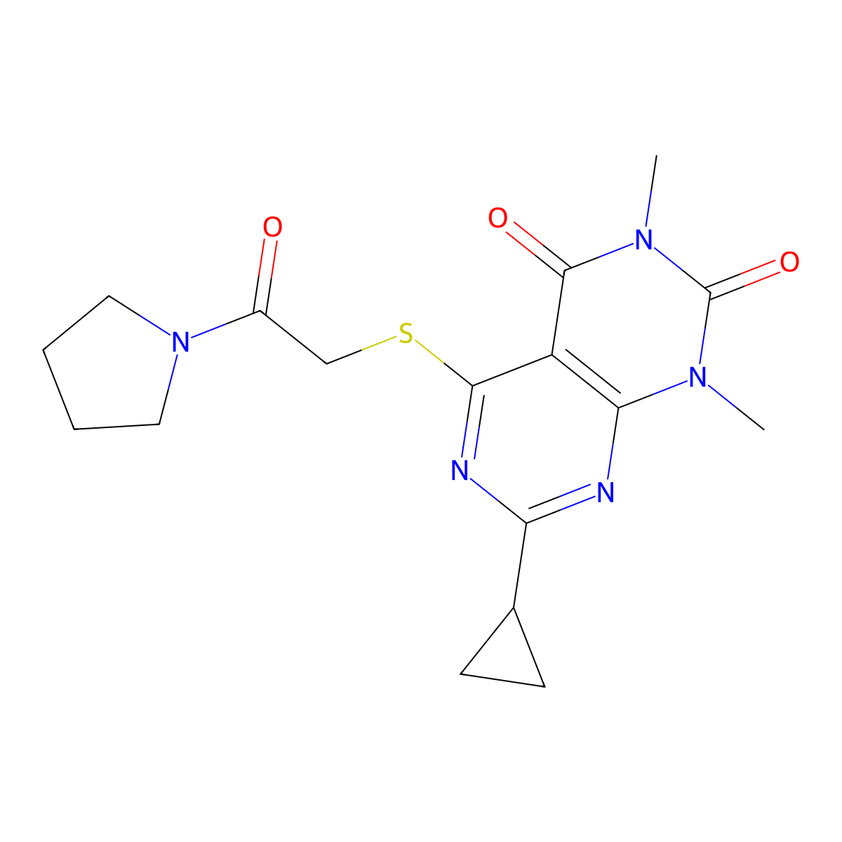 7-Cyclopropyl-1,3-dimethyl-5-(2-oxo-2-pyrrolidin-1-ylethyl)sulfanylpyrimido[4,5-d]pyrimidine-2,4-dione molecular structure, CAS 863002-94-2