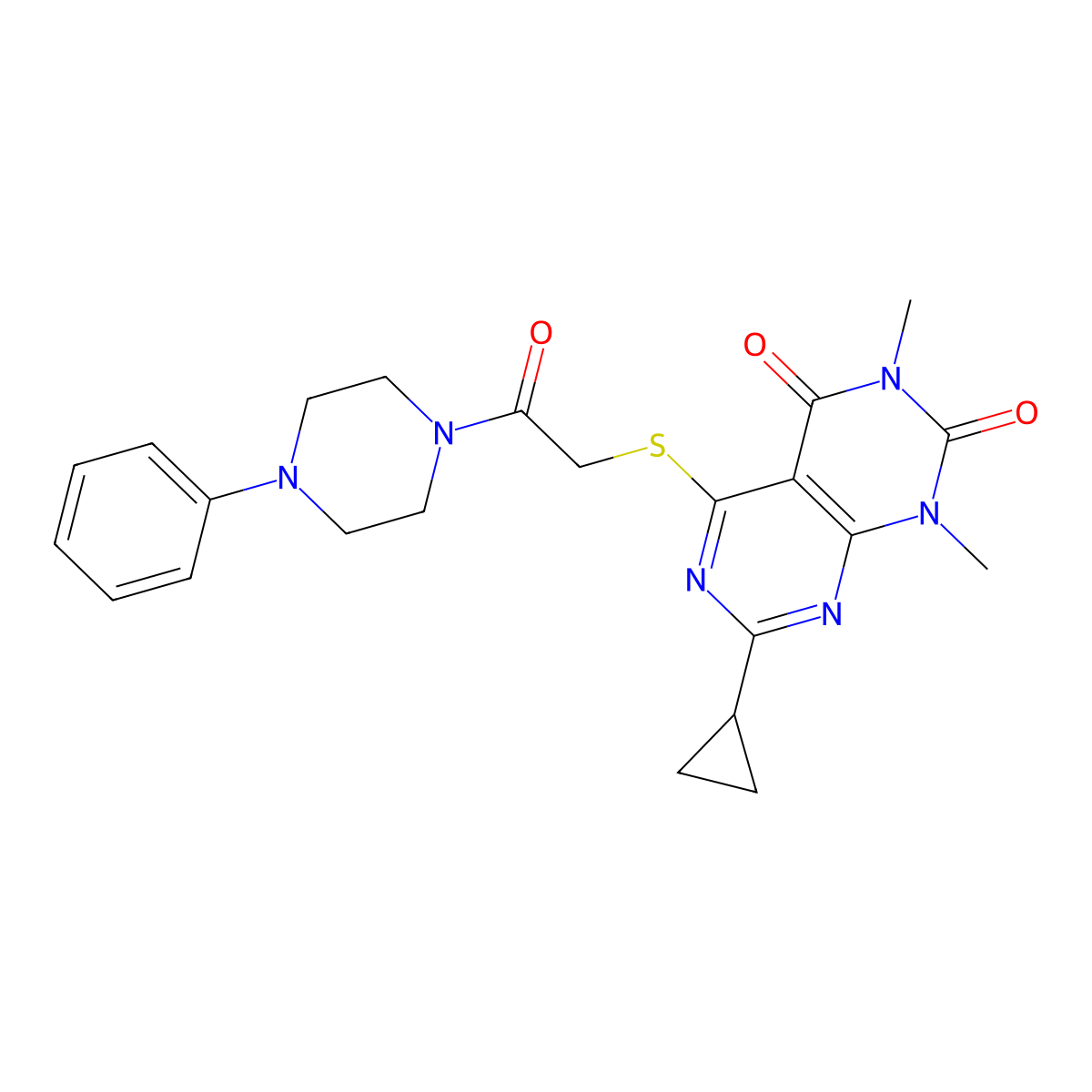 7-Cyclopropyl-1,3-dimethyl-5-[2-oxo-2-(4-phenylpiperazin-1-yl)ethyl]sulfanylpyrimido[4,5-d]pyrimidine-2,4-dione molecular structure, CAS 863002-97-5