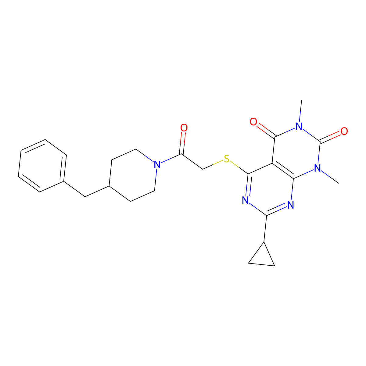 5-((2-(4-benzylpiperidin-1-yl)-2-oxoethyl)thio)-7-cyclopropyl-1,3-dimethylpyrimido[4,5-d]pyrimidine-2,4(1H,3H)-dione molecular structure, CAS 863002-98-6