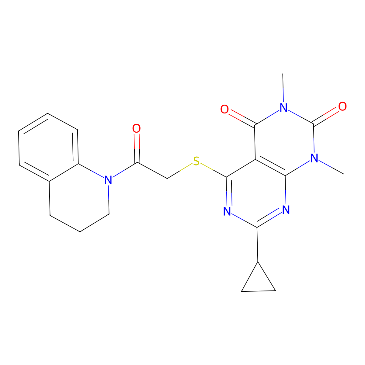 7-cyclopropyl-5-[2-(3,4-dihydro-2H-quinolin-1-yl)-2-oxoethyl]sulfanyl-1,3-dimethylpyrimido[4,5-d]pyrimidine-2,4-dione molecular structure, CAS 863002-99-7