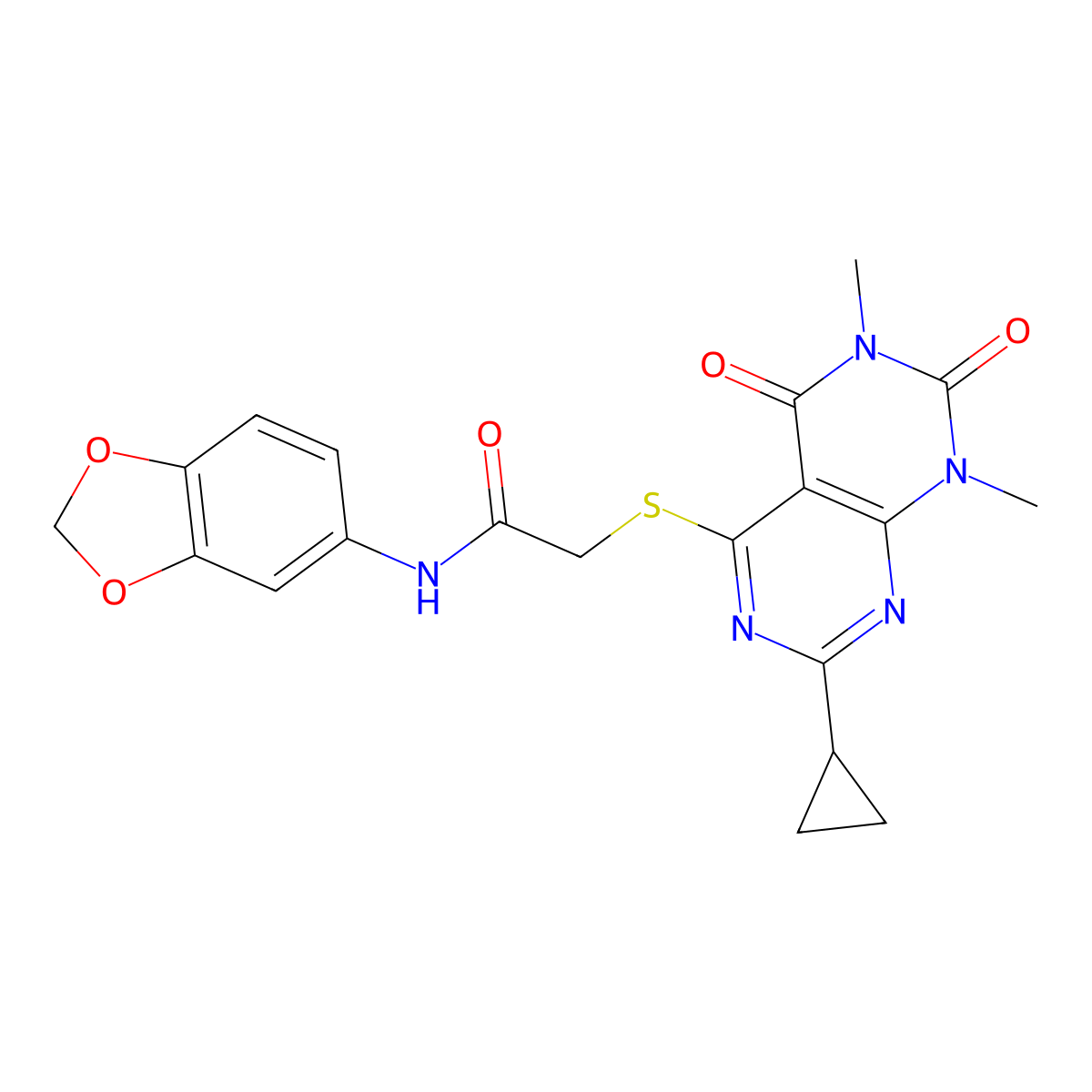 N-(benzo[d][1,3]dioxol-5-yl)-2-((2-cyclopropyl-6,8-dimethyl-5,7-dioxo-5,6,7,8-tetrahydropyrimido[4,5-d]pyrimidin-4-yl)thio)acetamide molecular structure, CAS 863003-02-5