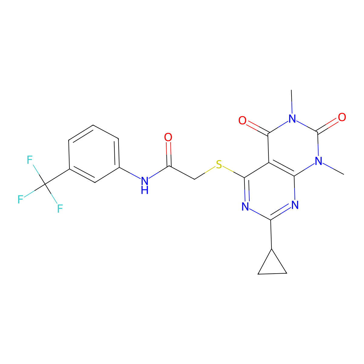2-((2-cyclopropyl-6,8-dimethyl-5,7-dioxo-5,6,7,8-tetrahydropyrimido[4,5-d]pyrimidin-4-yl)thio)-N-(3-(trifluoromethyl)phenyl)acetamide molecular structure, CAS 863003-04-7