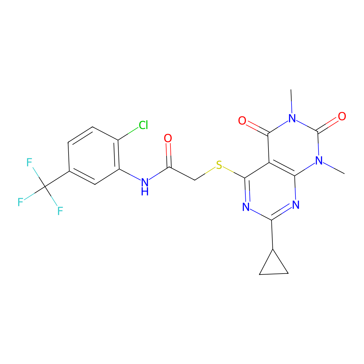 N-(2-chloro-5-(trifluoromethyl)phenyl)-2-((2-cyclopropyl-6,8-dimethyl-5,7-dioxo-5,6,7,8-tetrahydropyrimido[4,5-d]pyrimidin-4-yl)thio)acetamide molecular structure, CAS 863003-05-8