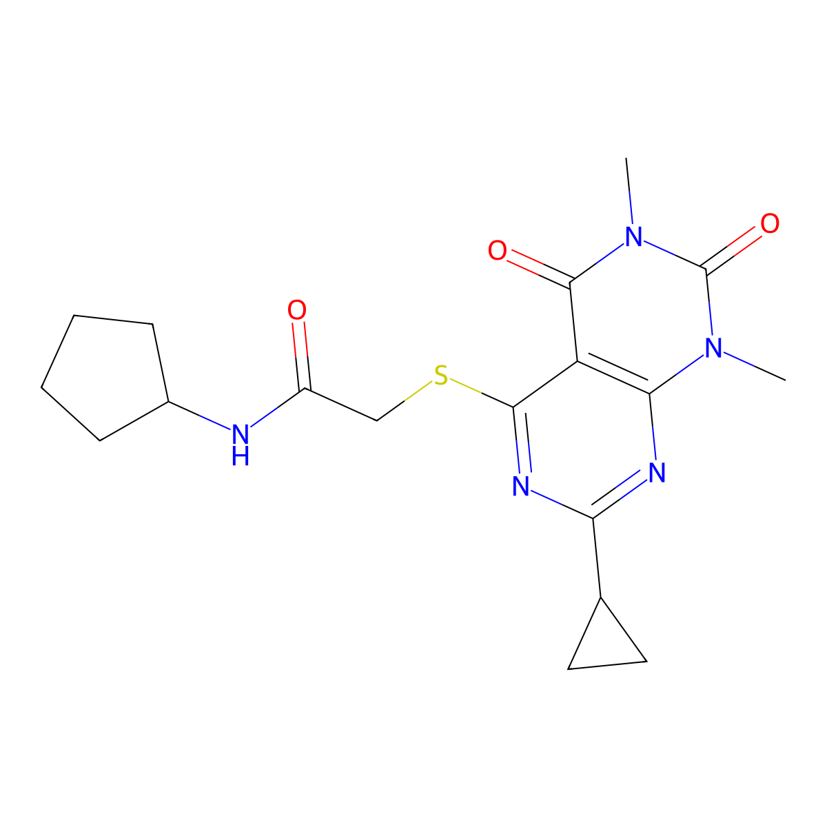 N-cyclopentyl-2-((2-cyclopropyl-6,8-dimethyl-5,7-dioxo-5,6,7,8-tetrahydropyrimido[4,5-d]pyrimidin-4-yl)thio)acetamide molecular structure, CAS 863003-06-9