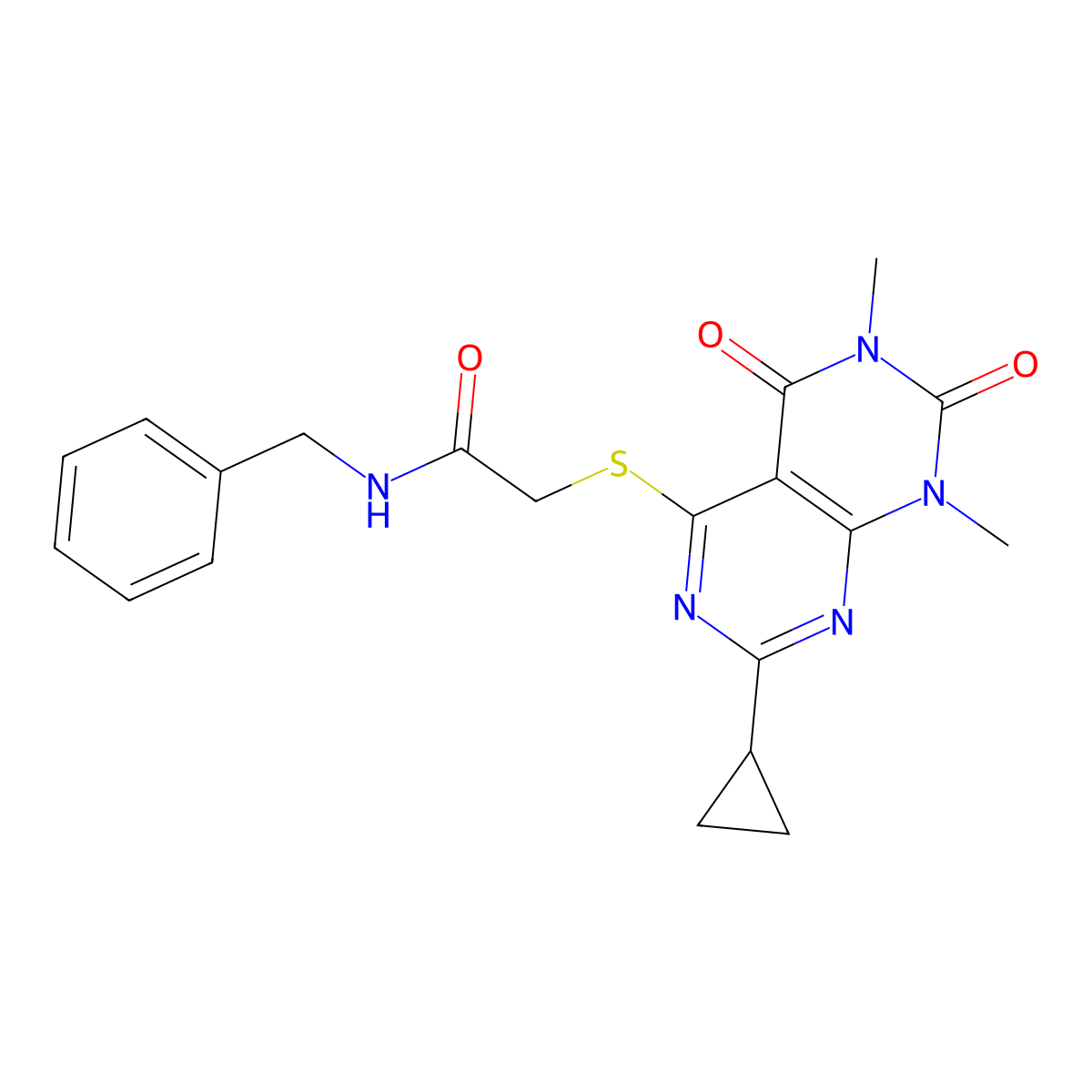 N-benzyl-2-(7-cyclopropyl-1,3-dimethyl-2,4-dioxopyrimido[4,5-d]pyrimidin-5-yl)sulfanylacetamide molecular structure, CAS 863003-08-1